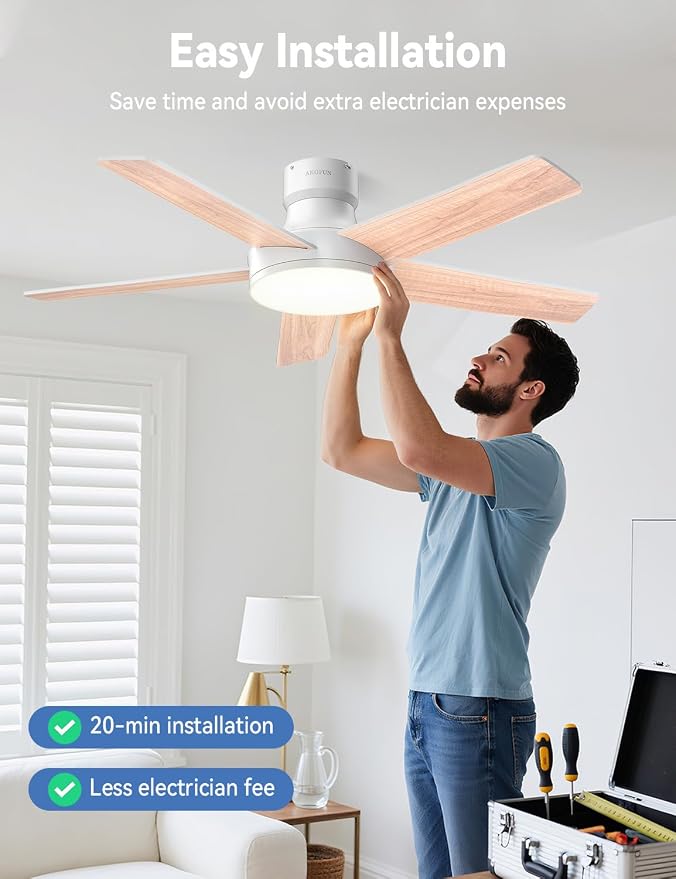 AKOFUN Ceiling Fans with Lights and Remote, Low Profile Ceiling Fan with Light, 6 Speed, Dimmable, DC Motor, Quiet, Timer, Modern LED Ceiling Fan for Bedroom Living Room 44 inch, White