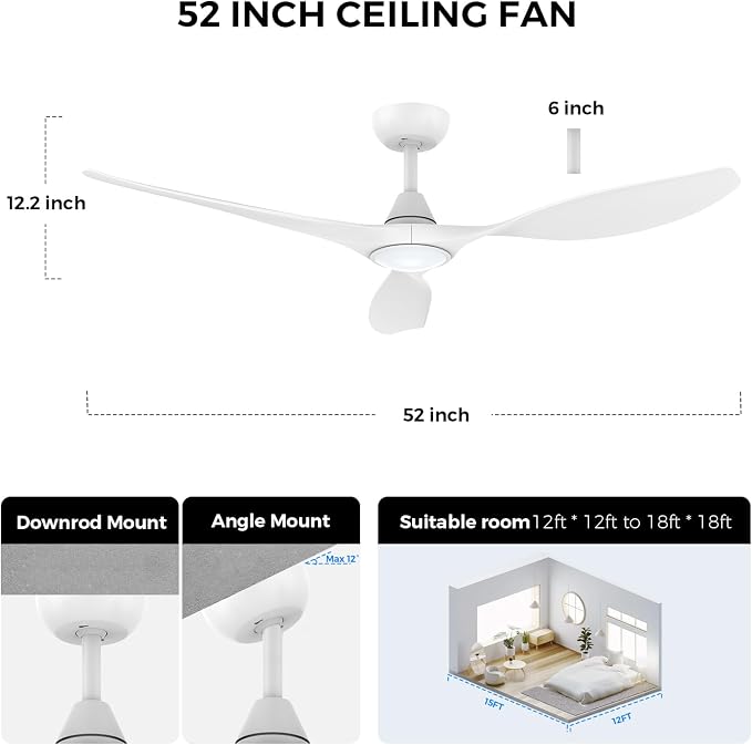 Roomratv Ceiling Fans with Lights and Remote Control,Quiet Noiseless Reversible DC Motor,6 Speeds,Timers, 3 CCT, Indoor Use, Plastic Blades,52 Inch White Ceiling Fan Smart APP Control for Living Room
