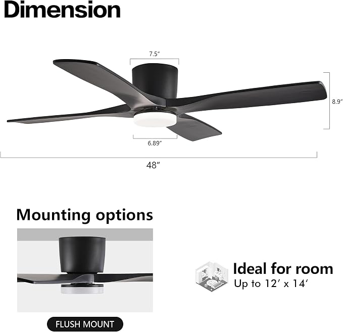 WINGBO 48 Inch Flush Mount DC Ceiling Fan with Lights and Remote, 4 Reversible Carved Wood Blades, 6-Speed Noiseless DC Motor, Hugger Ceiling Fan in Black Finish, Low Profile Ceiling Fans, ETL Listed
