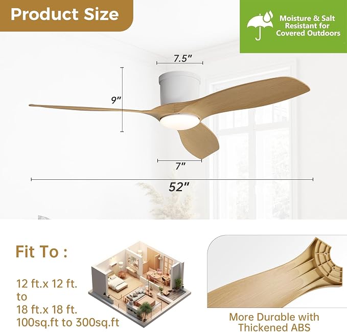 Sofucor 52 Inch Smart Ceiling Fan with Lights, Modern Low Profile Flush Mount Ceiling Fan with 6500CFM, Compatible with Alexa/Google/App, 3 Plastic Blade, Dimmable Timer Reversible DC Motor, ETL, ABS