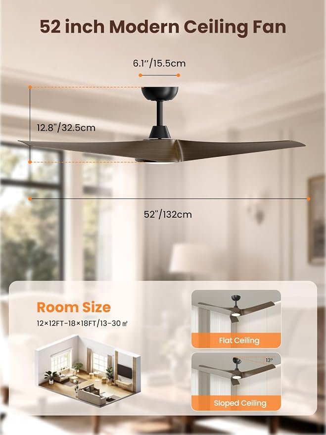 TALOYA 52 inch Modern Ceiling fan with Light, 3 Blades Ceiling Fans with Lights and remote, 3000K-6500K, Dimmable, Quiet, Outdoor Ceiling fan For Living Room, Bedroom, Patio, Farmhouse, light Walnut