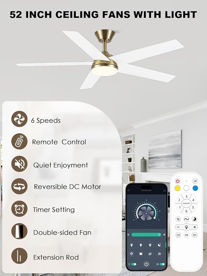 Bella Depot 52 Inch White and Gold Ceiling Fan with Light, Modern Brass Ceiling Fan with Dimmable LED Light, Chandelier Fan with Quiet DC Motor for Living Room, Bedroom, Kitchen