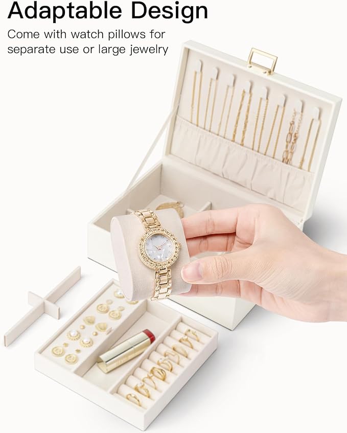 VLANDO Jewelry Organizer,2 Layer Jewelry Box Large Jewelry Organizer for Mothers Day Mom Gifts Women Removable Jewelery Tray with Watch Pillow for Necklace Earrings Rings Bracelets(Cream White)