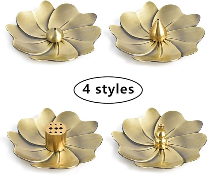 Sakura Flower Incense Holder, 5PCS Bronze Incense Burner Holder with Silk Pouch, Two Styles Drop-Shape, Cylinder Multihole and Gourd-Shape Ash Catcher Yoga Room Bedroom Home Fragrance