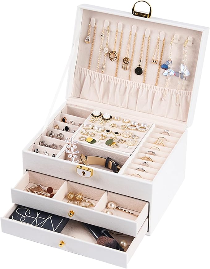 3 Layer Jewelry Box Organizer with Drawers, Lockable Holder for Women Girls | Large Capacity Storage Case with Velvet Lining, Earring Slots, Ring Cushions, Necklace Hooks, Elegant Gift for Mom
