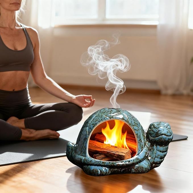 Ceramic Turtle Mini Chiminea- Multifunctional Incense Holder for Sage, Cone Incense, Copal & Small Candle | Aromatherapy Gift for Meditation, Yoga, Zen Spaces | Indoor Use, Hamster Nest Decor (Blue)