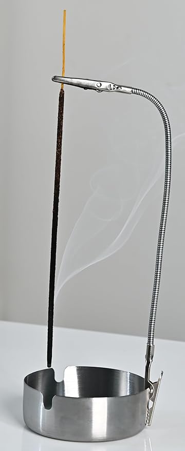 Modern Incense Holder with Flexible Metal Stand, Silver Ash Collector Base, Minimalist Design for Home Meditation and Aromatherapy.(Silver + Base)