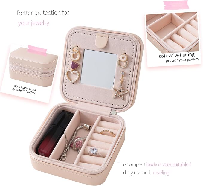 KElofoN Travel jewelry case Travel jewelry box Travel Jewelry Organizer Small box Gift for Girls Women with Mirror(Pink)
