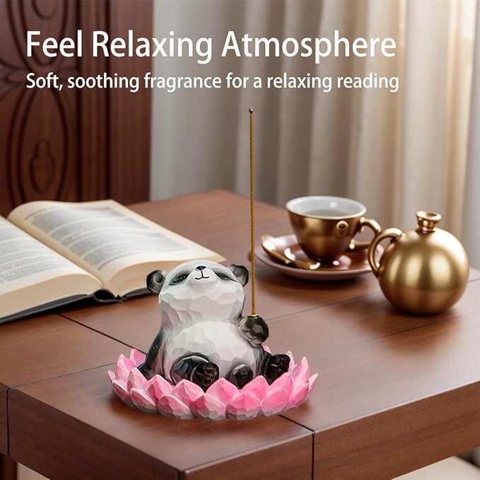 Lotus Panda Incense Holder Cute Animal Figurine Incense Burner Flower Stand Ash Catcher Creative Cartoon Resin Panda Statue for Home Room Decor Meditation Yoga Spa
