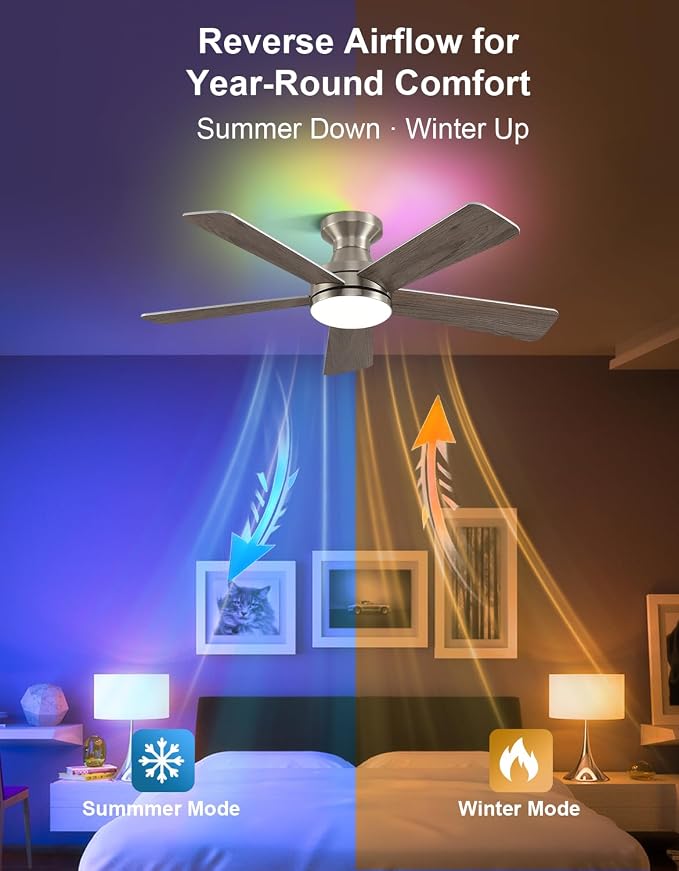 42 inch RGB Ceiling Fan with Light, Voice & App & Remote Control Low Profile Flush Mount Ceiling Fan,6 Speeds Silent Motor, 4-Color Temperature Dimmable for Home Office Party, Brush Nickel