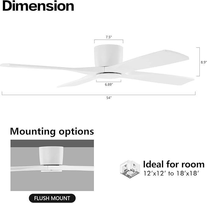 WINGBO 54 Inch Flush Mount DC Ceiling Fan without Lights, 4 Reversible Carved Wood Blades, 6-Speed Noiseless DC Motor, Huger Ceiling Fan No Lights in Gloss White with White Blades