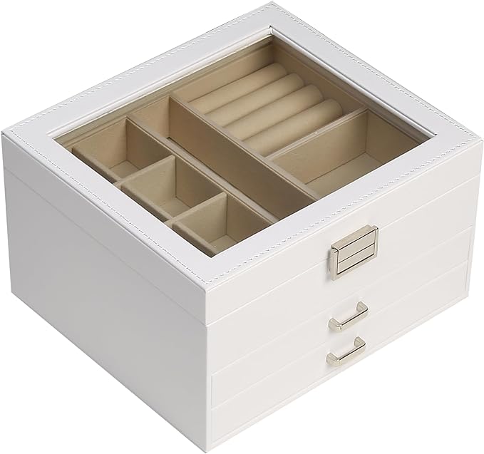 BOOVO Clear Lid Jewelry Box,3 Layers Jewelry Organizer Large Jewelry Storage Box with 2 Drawers,Jewelry Holder Organzier of Rings Earrings Necklace Bracelets for Women (White, 3 Layer)
