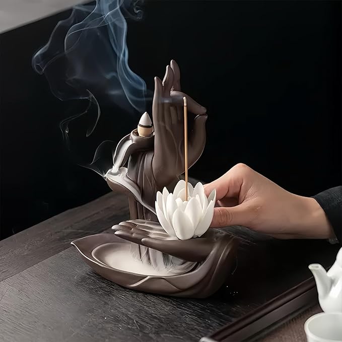 Lotus Hand Backflow Incense Burner– Ceramic Cones Incense Holder Waterfall Incense Burner & Incense Waterfall Fountain for Zen Decor Backflow Incense Cone Burner