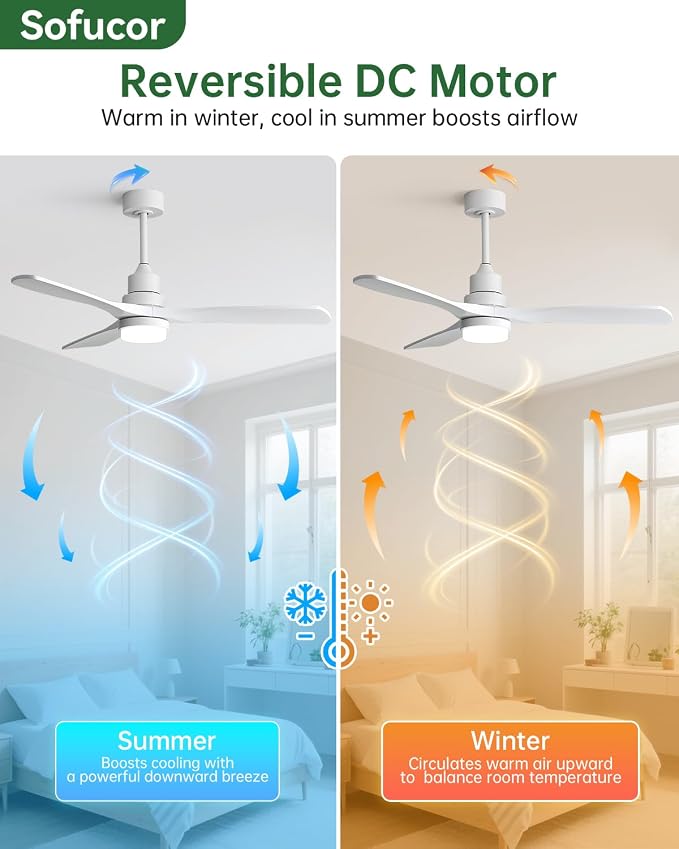 Sofucor 52 Inch Smart Ceiling Fans with Lights for APP/Remote/Voice Control | Downrod Mount, White Wood Blade,1/4/8 H Timer, 3CCT Dimmable 6 Speed, Quiet DC Motor, Outdoor Bedroom/Living Room/Patio