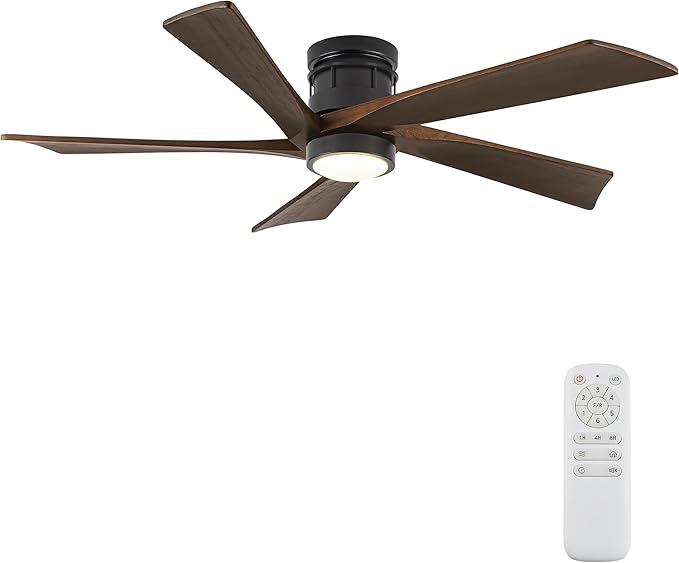 EKIZNSN 64 Inch Outdoor Low Profile Flush Mount Ceiling Fans with Lights and Remote Control for Patios, 6-Gear Speed, 110V Noiseless Reversible DC Motor (Black Finish with Walnut Blades)