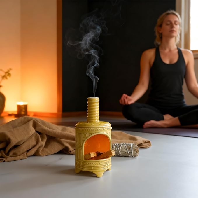 MOUGIGI Yellow Ceramic Palo Santo Burner Holder - Purpose for Palo Santo Sticks, Sage Smudge Sticks & Incense Cones Burning – Ideal for Energy Cleansing, Yoga, Meditation & with Unique Chimney Design