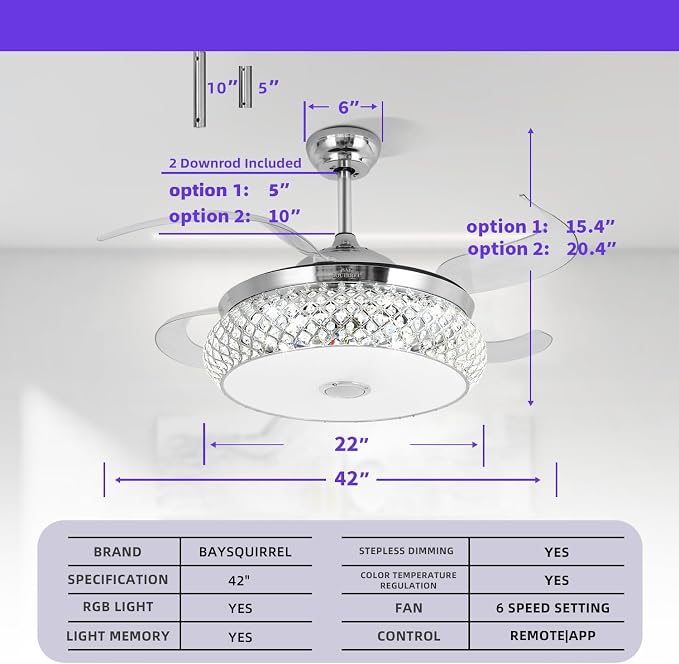 BAYSQUIRREL Retractable Ceiling Fan with Light, Low Profile Bluetooth Ceiling Fan with Speaker,RGB-LED Light 6 Speed Reversible Invisible Ceiling Fans for Bedroom,Remote and APP Control