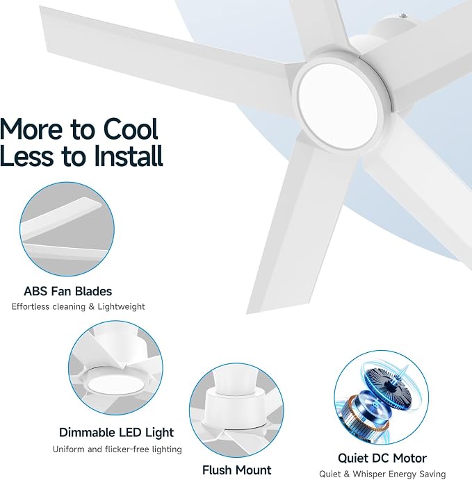 ocioc Smart Ceiling Fans with Lights,52 inch,Reversible Quiet DC Motor,Dimmable,White Ceiling Fan Compatible with Alexa Google home Indoor/Outdoor