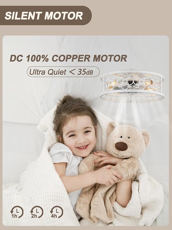 Caged Ceiling Fan with Lights and Remote 19.5" Flush Mount Ceiling Fan with Lights Bladeless Ceiling Fan with 3 Timing for Bedroom, Dining Room Living Room