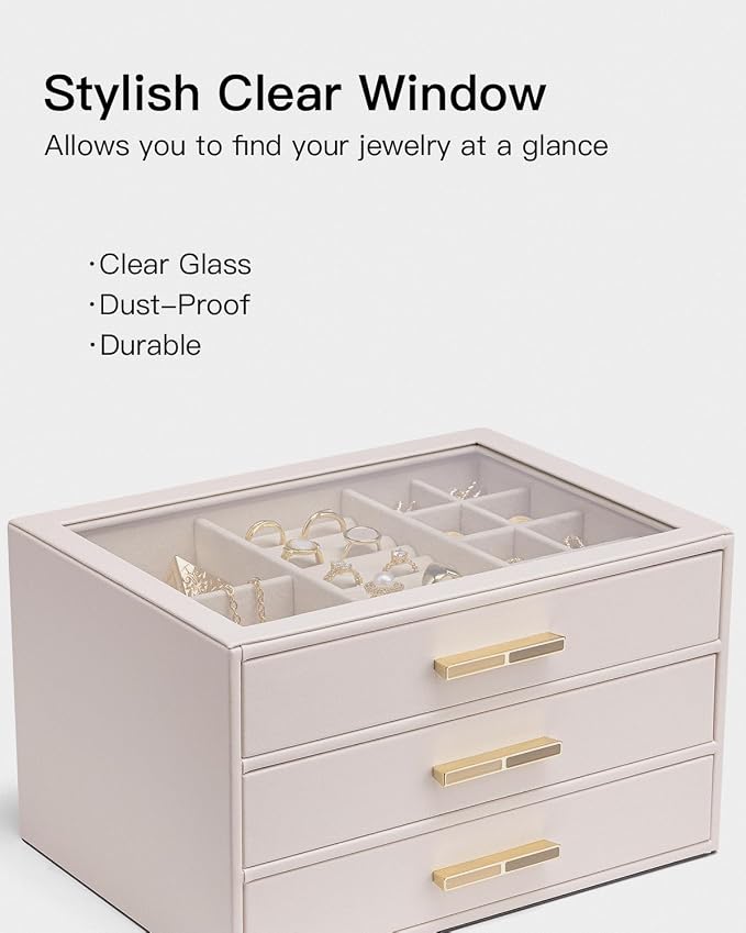 VLANDO Jewelry Box for Women, Glass Lid Jewelry Organizer with 3 Drawers for Necklaces Rings Earrings Bracelets - Light Pink