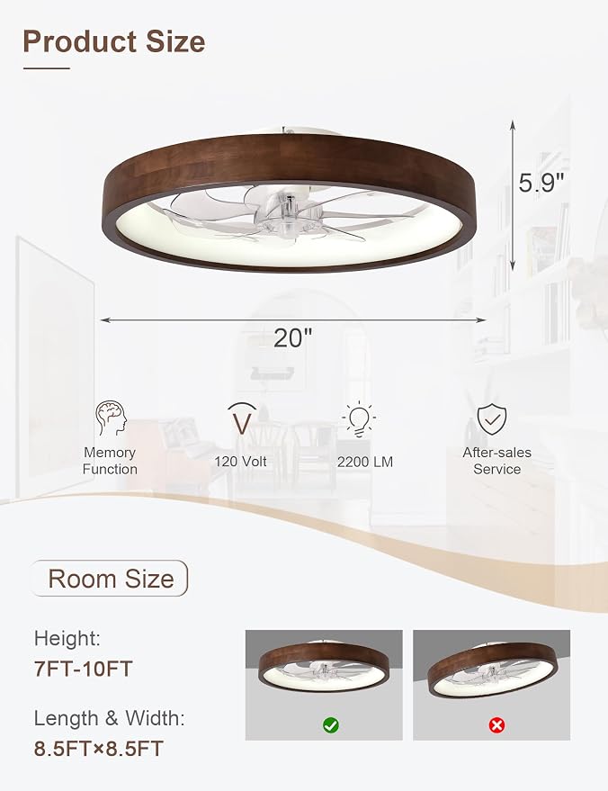 20'' Fandelier Ceiling Fan with Light, Low Profile Flush Mount Wood Ceiling Fan, APP & Remote Control, Dimmable & 6 Speeds