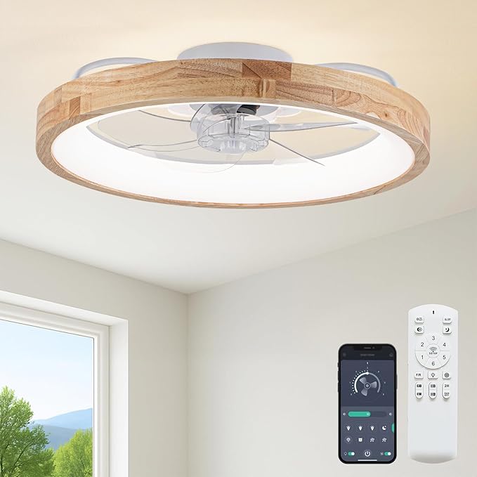 Fszdorj 20'' Ceiling Fan with Light and Remote, Low Profile Ceiling Fan with Light, Dimmable Flush Mount Ceiling Fan Light, 6 Speeds Fan, App&Remote Control, Fandelier Quiet Fan for Bedroom F126