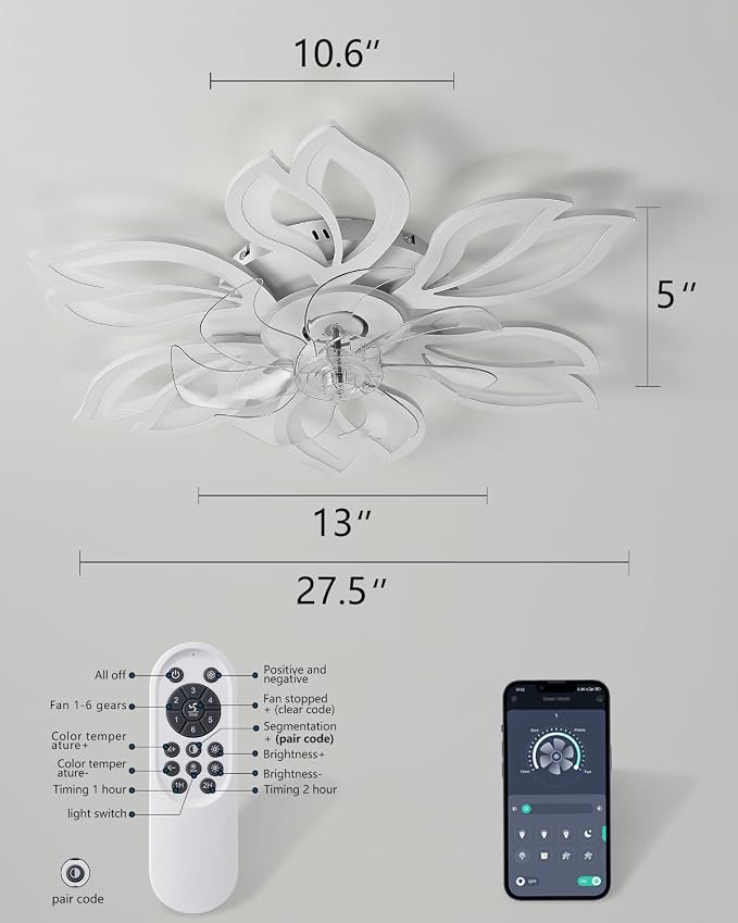 Modern Flower Ceiling Fan with Light, 24" Low Profile Flush Mount Fandelier with Remote & APP Control, Dimmable LED Ceiling Fan Lamp for Bedroom Living Room