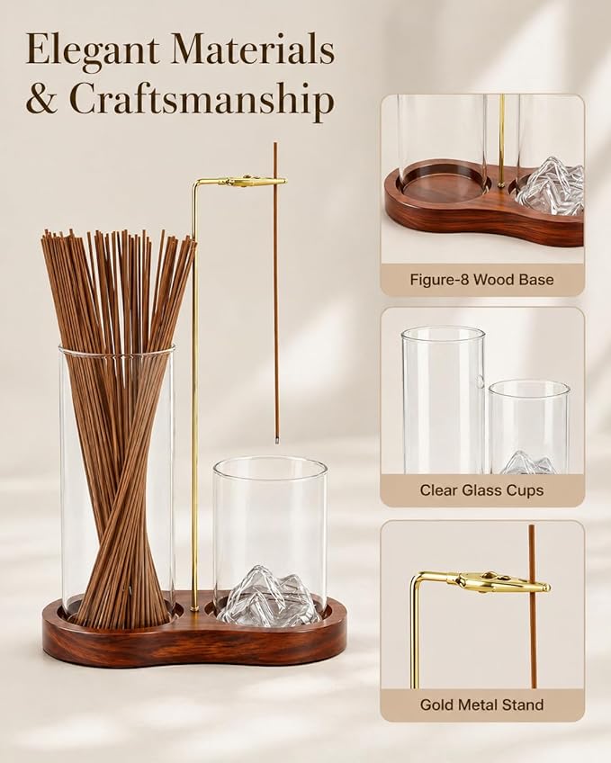 2-in-1 Walnut Wood Glass Incense Holder for Sticks, Anti-Ash Flying Incense Burner with Glass Ash Catcher & Incense Storage, Incense Stick Holder for Meditation, Yoga, Spa, and Home Decor