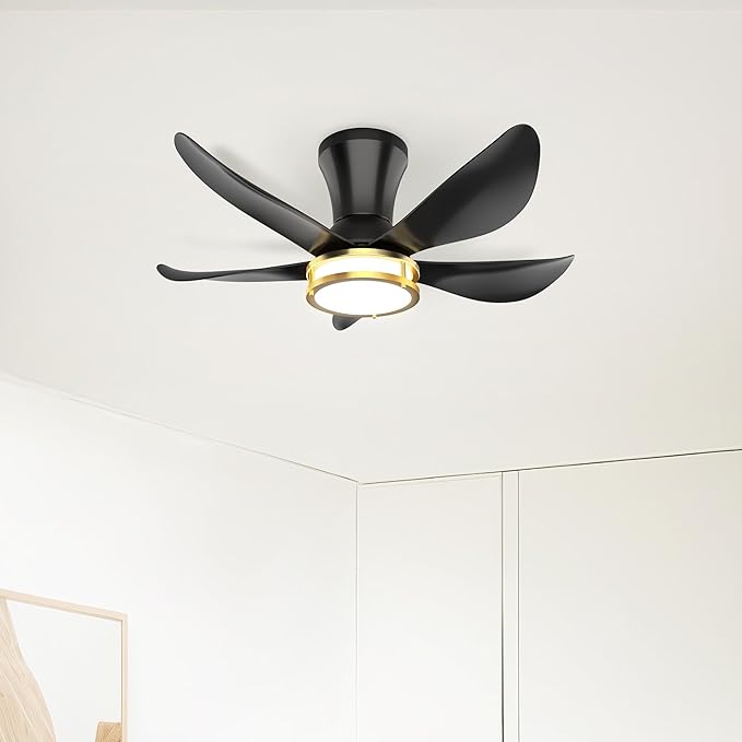 DAMINY 30 Inch Black and Gold 5 Blade Ceiling Fan with Light, Modern Ceiling Fan with Remote,Large Airflow,Flush Mount,6CCT,Dimmable,Noiseless,Bedroom