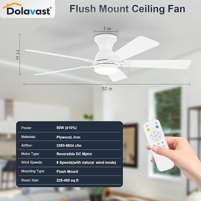 Ceiling Fans with Lights, 52 Inch Low Profile Ceiling Fan with Light and Remote Control, Flush Mount, Reversible, 3CCT, Dimmable LED, Quiet, White Ceiling Fan for Bedroom, Living Room