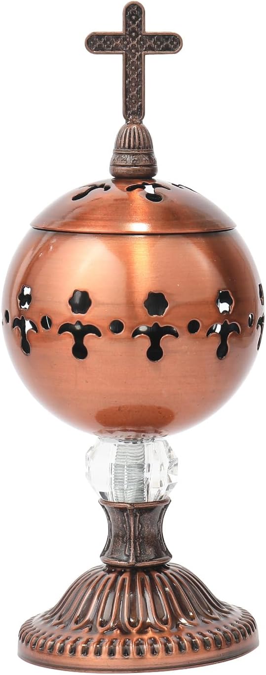 Nazareth Store Incense Burner Charcoal Polished Brass Censer Christian Church Incense Holder Incense Cones Cross 7.9" Aromatherapy Fragrance Ornament (Bronze)