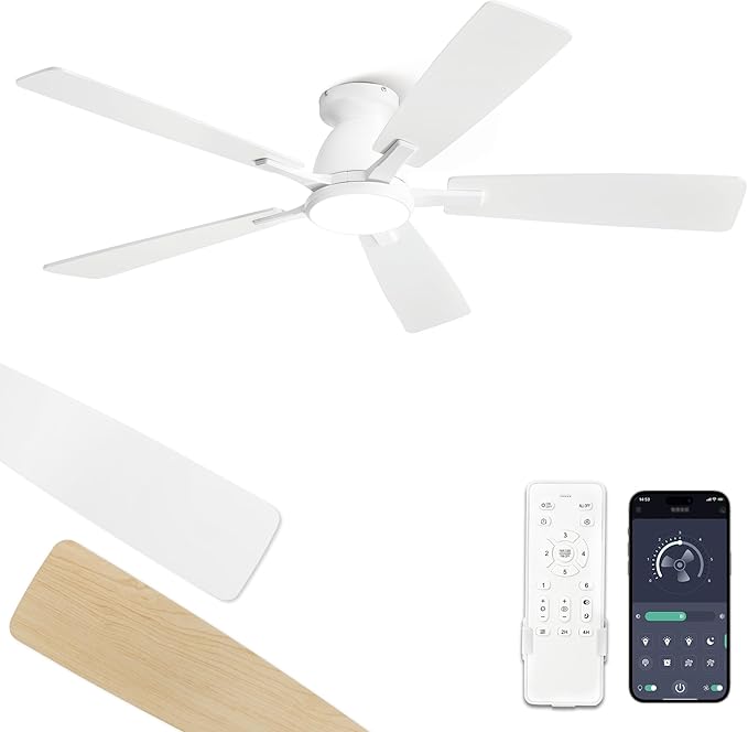 Fanbulous 52 inch Ceiling Fans with Lights, Smart Flush Mount Ceiling Fan and Remote APP, Modern Low Profile, 3CCT 20W LED with 6-Speeds Quiet Reversible Motor for Bedroom, Living Room, Kitchen, White