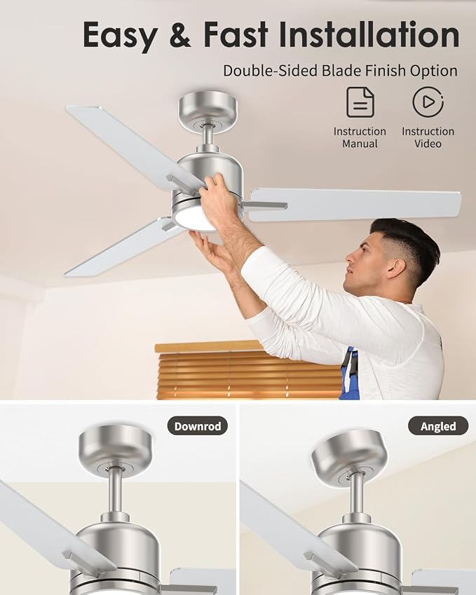 52 inch Ceiling Fans with Lights and Remote, Brushed Nickel Ceiling Fans Dimmable 3 Color Temperature, Timer, 3 Blades, 6 Speed Modern Fan Quiet Reversible DC Motor for Indoor or Covered Outdoor
