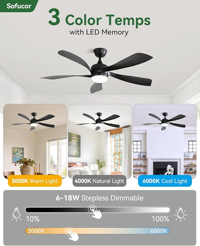 Sofucor 52" Smart Ceiling Fan, Indoor/Outdoor Black Ceiling Fans with Lights and Remote, Works with Alexa/Google/App, 3-Color Light 6-Speed Timing Reversible DC Motor for Bedroom Living Room Patio