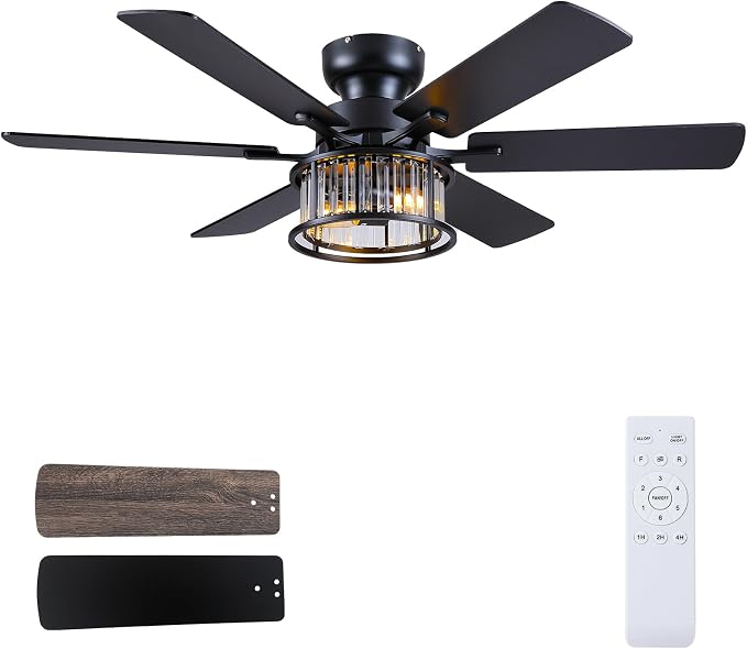 Hounberi 48" Flush Mount Ceiling Fan with Light and Remote, Black Industrial Caged Ceiling Fan with Dual-Finish 6 Blades, Reversible DC Motor, Farmhouse Crystal Ceiling Fan for Bedroom, Living Room