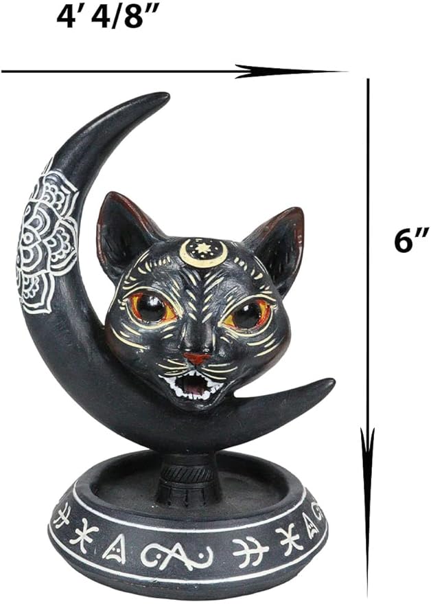 Ebros Gift Paranormal Occult Ouija Sacred Geometry Black Cat with Crescent Moon and Mandala Chakra Flower Backflow Cone Incense Burner Holder with Cascading Smoke Pool Waterfall Effect Figurine