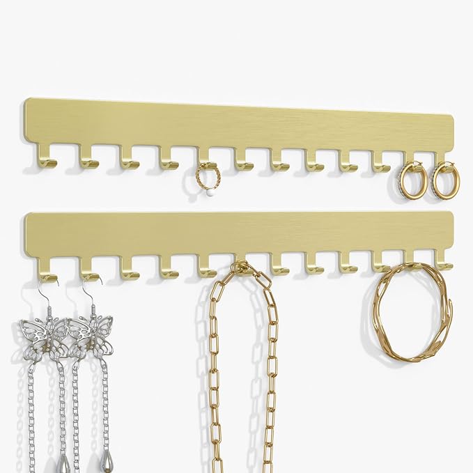 Necklace Holder Wall Mounted,Self Adhesive Jewelry Organizer,2 Pack,Gold | Modern Design,24 Hooks,Self Adhesive No Drilling,Durable 304 Stainless Steel,for bedroom/closet/bathroom/vanity