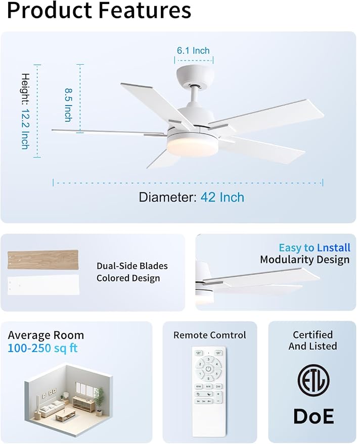 Rayqueen 42 Inch White Ceiling Fans with Lights and Remote,Includes Downrod | 6 Speed Reversible DC motor,3-color temperature dimmable LED.For indoor/covered outdoor.Modern style for bedroom room