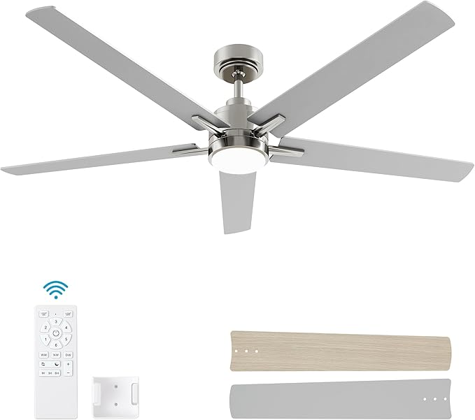 60 Inch Brushed Nickel Ceiling Fan with Light and Remote Control | 6 Speeds Reversible,Dimmable LED,3CCT,5 Blades,Quiet DC Motor Ceiling Fans for Indoor or Covered Outdoor Use