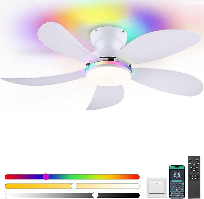 PHORUS 42" White Modern Low Profile RGB Ceiling Fans with Lights and Remote | 14 RGB Modes,Supports Remote and APP,6 Wind Speeds, Reversible, Dimmable 3 CCT LED, 30W DC Motor,Suits for Bedroom Kidsroom