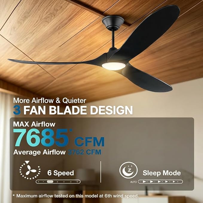 60 inch Outdoor Ceiling Fan for Patios with Light, Black Ceiling Fan with Light, Large Airflow 3 Reversible Solid Wood Blades, DC Motor, Damp Rated Ceiling Fans for Famhouse Exterior Porch