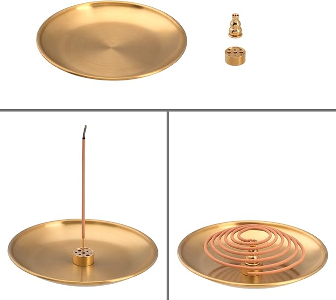 OIIKI 3 in 1 Stick Incense Burner, 6.7 Inch Brass Incense Holder, Alloy Cone Ash Catcher for Indoor Outdoor Use
