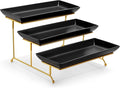 MALACASA 3 Tier Serving Trays for Party, 14 Inch Porcelain Black Trays for Serving Food, Dessert Stand with Collapsible Gold Metal Rack | Tiered Serving Stand for Party, Fruit Tray, Trays for Serving Food, Dessert Stand with Collapsible Sturdier Gold M...