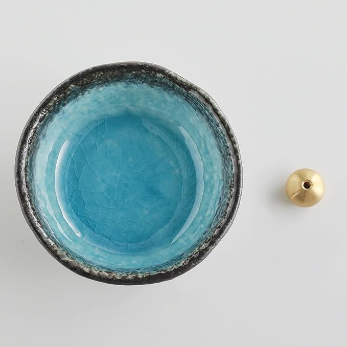 Asayu Japanese Small Mini Incense Holder for Sticks 3.3 inch (83mm), Made in Japan Ceramic Ash Catcher and Brass Incense Burner Set for Yoga, Meditation (Small Mini Nature Ocean Blue Holder)