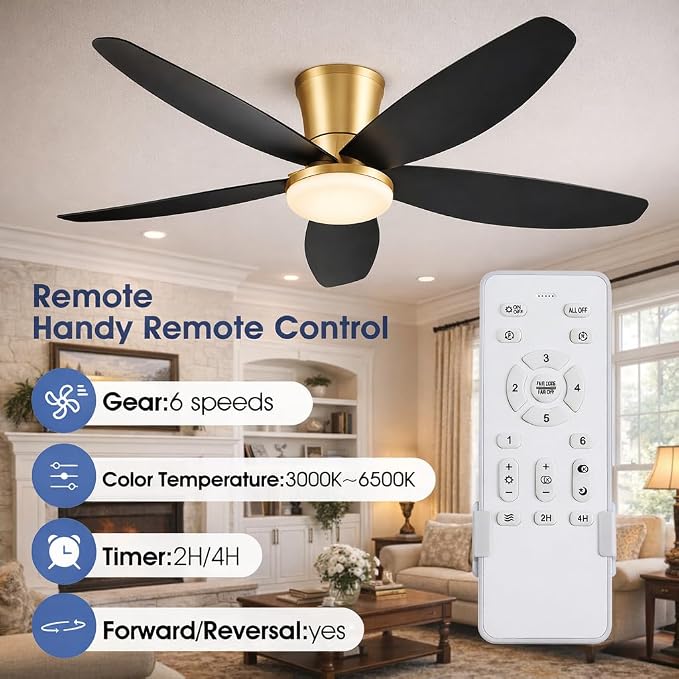 Surtime 42" Ceiling Fans with Lights-Low Profile Ceiling Fan with Light and Remote/APP Control,Flush Mount Gold Ceiling Fan with Reversible Black Blades