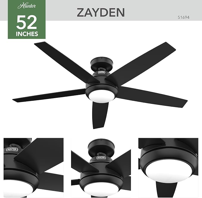Hunter Zayden, Indoor, Ceiling Fan, Standard Mount, 52 inch, Matte Black | with LED Light and Remote Control, Quiet, 5 Blades, For Bedroom, Living Room, Kitchen, 51694
