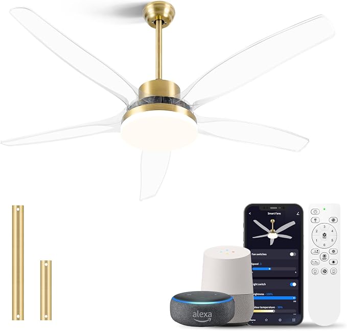 OKELI Smart Ceiling Fans with Light and Remote, Voice Control via WiFi Alexa App, 58 Inch Modern Clear Blades Gold Alexa Ceiling Fan Reversible Dimmable LED Ceiling Fan for Living Room