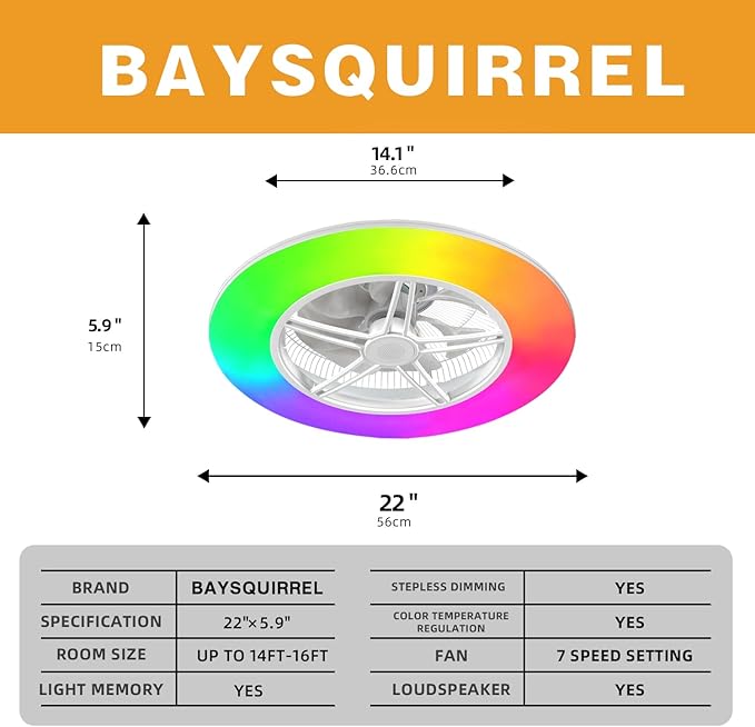 BAYSQUIRREL Alexa WiFi Low Profile Ceiling Fan with Light Flush Mount Enclosed Ceiling Fan 22" LED Dimmable Bladeless Ceiling Fans with Google Assistant/App Control,6 Speed Dimmable LED-RGB Lights