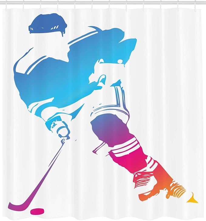Ambesonne Sports Shower Curtain, Colorful Man Silhouette of a Hockey Player Athlete Racing Team Play, Cloth Fabric Bathroom Decor Set with Hooks, 69" W x 70" L, Magenta Orange