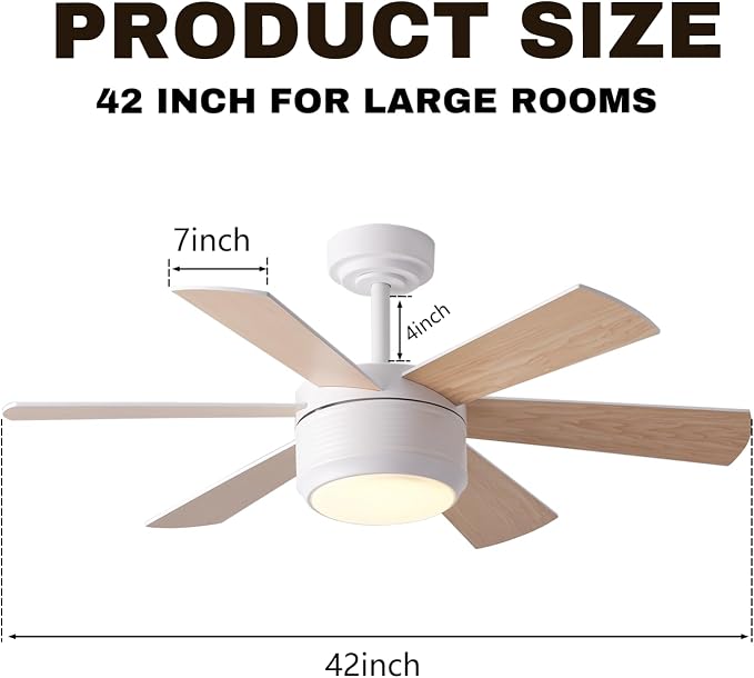 SHOWDI White Ceiling Fans with Lights and Remote, Quick Installation, 42 in | 2 Blade Color, Metal Material, App Remote Control, Timer, Reversible, 3CCT, Dimmable for Bedroom, Living room, Indoor